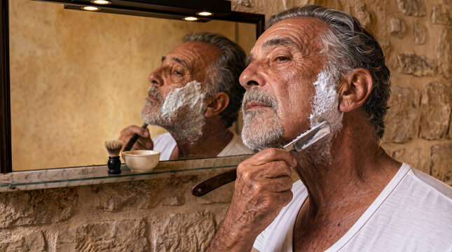 portrait of an elderly Latino man shaving in front of a mirror with a straight razor, concept for daily hygiene and men's health care, copy space for text