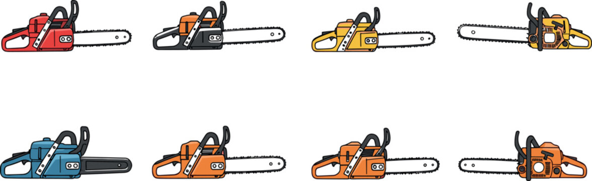 Colorful professional gasoline chainsaw tool vector illustration set isolated on white background