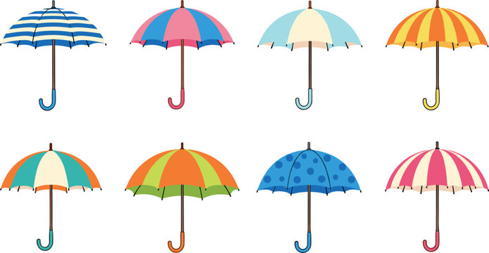Colorful striped and polka dot umbrella collection isolated on white background vector illustration set