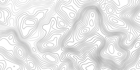 Abstract black and white topographic contour pattern featuring flowing terrain curves and wavy lines that resemble wood grain or fingerprint textures in a clean modern map style design. © Hasan