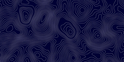 Abstract topographic map background in dark blue with white and light gray contour curves creating organic terrain elevation pattern, seamless geographic relief vector texture design. © Hasan