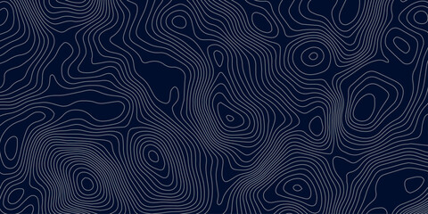 Abstract topographic map background in dark blue with white and light gray contour curves creating organic terrain elevation pattern, seamless geographic relief vector texture design. © Hasan