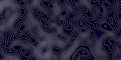 Abstract topographic map background in dark blue with white and light gray contour curves creating organic terrain elevation pattern, seamless geographic relief vector texture design. © Hasan