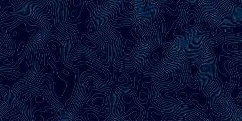 Abstract topographic map background in dark blue with white and light gray contour curves creating organic terrain elevation pattern, seamless geographic relief vector texture design. © Hasan