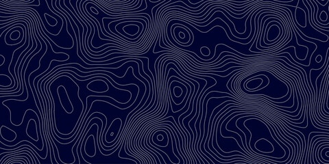 Abstract topographic map background in dark blue with white and light gray contour curves creating organic terrain elevation pattern, seamless geographic relief vector texture design. © Hasan