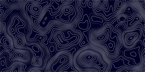 Abstract topographic map background in dark blue with white and light gray contour curves creating organic terrain elevation pattern, seamless geographic relief vector texture design. © Hasan