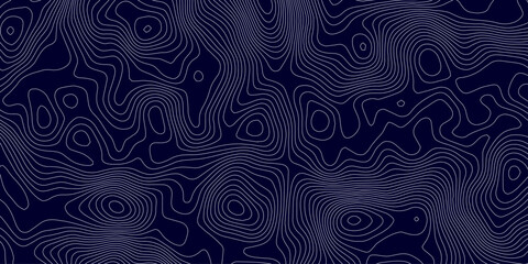 Abstract topographic map background in dark blue with white and light gray contour curves creating organic terrain elevation pattern, seamless geographic relief vector texture design. © Hasan