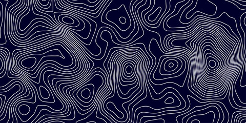 Abstract topographic map background in dark blue with white and light gray contour curves creating organic terrain elevation pattern, seamless geographic relief vector texture design. © Hasan