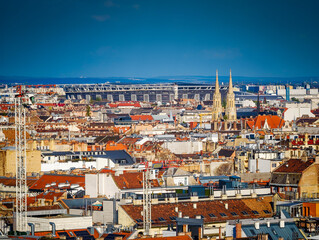 Obraz premium Aerial drone panorama of Budapest Old Town, Hungary. Historic cityscape with iconic architecture and Danube River in Hungary. Panoramic view