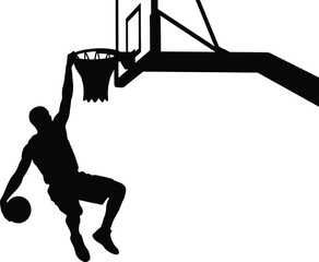 Basketball player silhouette hanging on the rim after slam dunk vector illustration isolated on white background. © Itz Rakesh