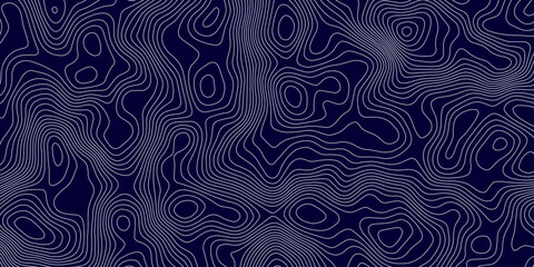 Abstract topographic map background in dark blue with white and light gray contour curves creating organic terrain elevation pattern, seamless geographic relief vector texture design. © Hasan