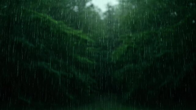 Moody rainstorm over dense green forest, heavy rainfall in dark wilderness, atmospheric nature weather background video