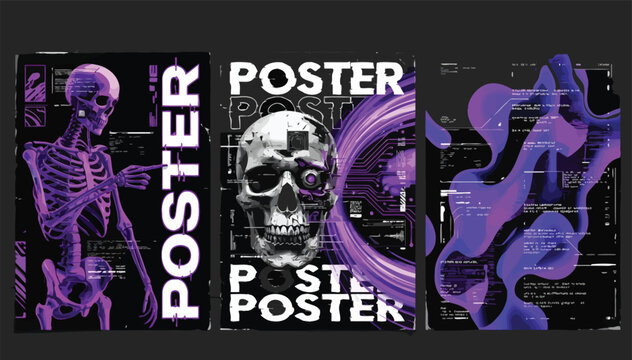 Cyberpunk Poster Set: Futuristic Skeleton and Cyborg Skull Designs