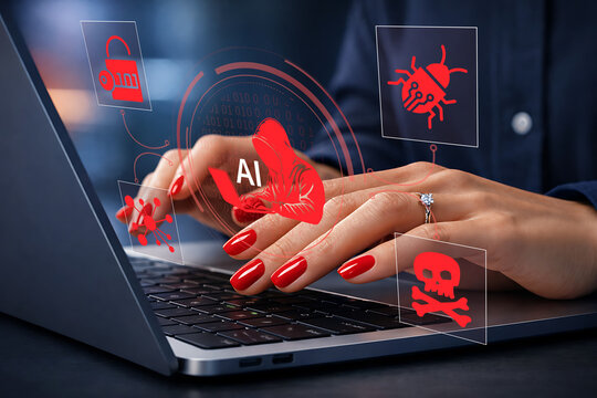 AI-Powered Hacker Launching Automated Cyberattacks and Exploiting System Vulnerabilities. threat landscape featuring data breaches, network hacking, cybercrime, ransomware, and AI-driven security.