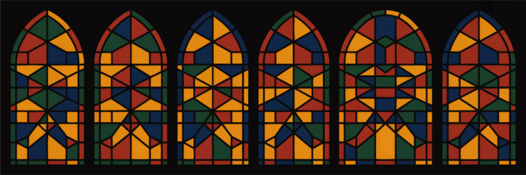 Colorful geometric stained glass church windows on black background, abstract gothic arch pattern for religious design and decor
