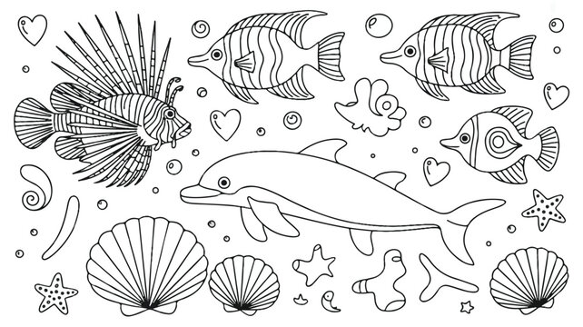 underwater world with fish and sea creatures and hearts