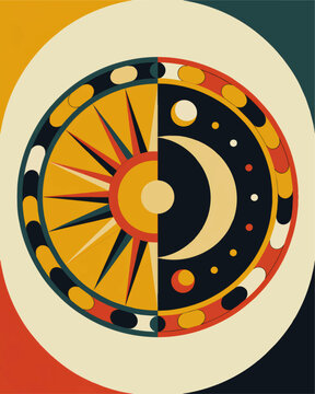 Abstract sun and moon vector illustration, geometric celestial day and night circle art, retro cosmic poster design in warm yellow teal tones