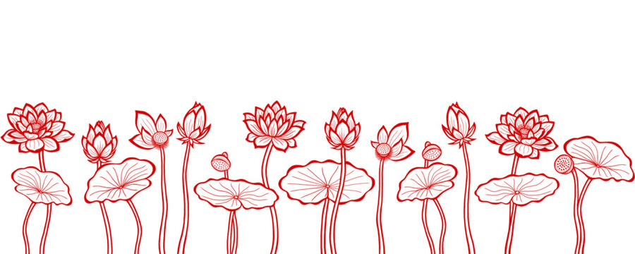 Isolated red lotus flowers, buds, and fruits on a stem with leaves on a white background. Suitable for backgrounds, textiles, and paper. Vector illustration.
