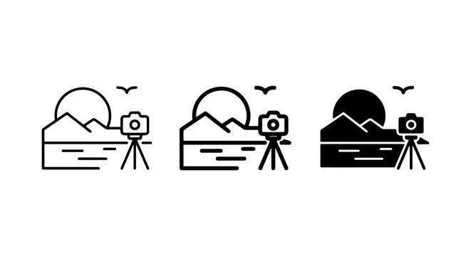 Photography Icons Set, Landscape Camera Tripod Icons, Outdoor Scenic View Icons, Travel Photography Vector Graphics