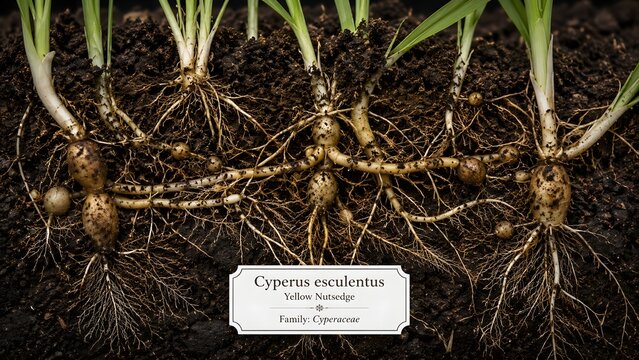 Cross-section macro view of yellow nutsedge (Cyperus esculentus) root system with tubers, rhizomes and basal bulbs exposed in a soil profile. 