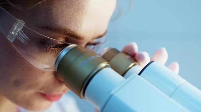 Laboratory researcher analyzing biological samples under microscope in well-lit lab. Concept modern science, infectious disease diagnostics and virology including COVID-19 coronavirus and hantavirus.
