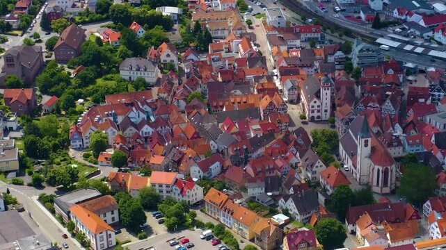 A panoramic aerial view beside the old town city Mosbach, 74821 in Baden-W&uuml;rttemberg in Germany on a sunny spring day