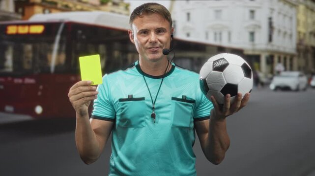 Man referee holds yellow card and soccer ball in street, wearing whistle and headset; fair play confidence.