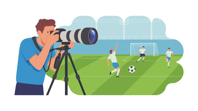 Sports photographer with telephoto lens on tripod photographing a soccer game with players in action near the goal on a green field.