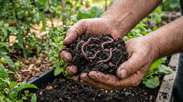 man holding earthworms in soil for gardening and composting