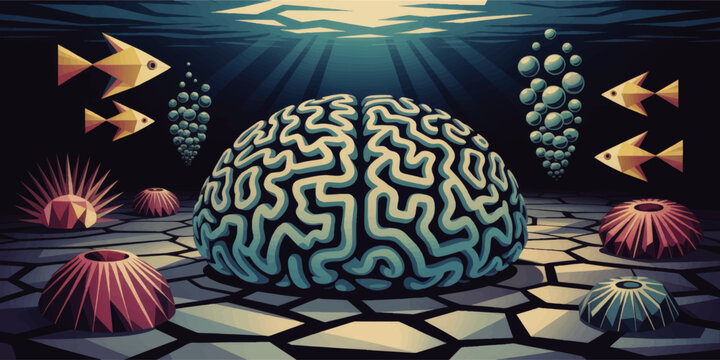Surreal underwater brain coral landscape with geometric fish, bubbles and abstract sea urchins in luminous deep ocean illustration
