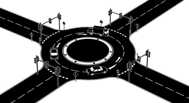 Roundabout intersection with vehicles black and white illustration