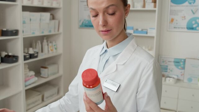 Zoom out shot of smiling young woman wearing white coat working in pharmacy setting using computer and holding bottle of pills entering medication details into digital management system