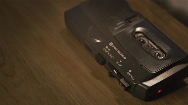 Portable mini cassette recorder capturing voice on wooden surface. Black portable mini cassette voice recorder on a wooden table. A video background loop with copy space