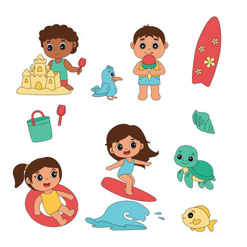 Personagens infantis tema de ver&atilde;o e praia estilo kawaii