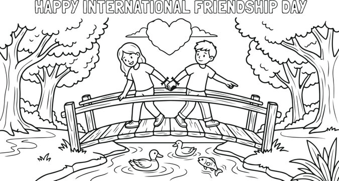 Children crossing bridge in nature on international friendship day.