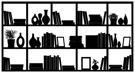 Bookshelf silhouette with books vases and plants on white background © Creator Rima  Akter