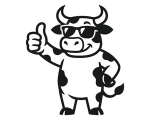 Fototapeta premium Funny animal black and white vector illustration of a cool cow giving thumbs up