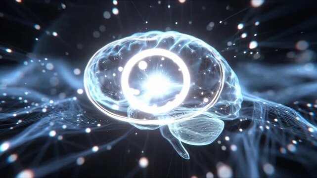 A glowing abstract brain shape with luminous lines flowing across a dark background, concept of intelligence, cognition and neural activity