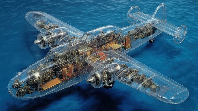 Transparent 3D model of a vintage twin-engine aircraft showing internal mechanical structure and cockpit details