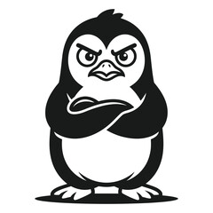 Fototapeta premium Funny animal black and white vector illustration angry penguin cartoon character with crossed arms