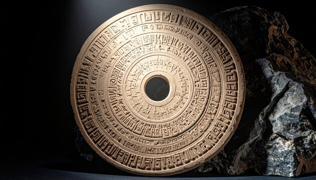 Detailed replica of the Phaistos Disc with visible spirals and stamped symbols