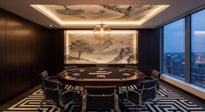 Elegant poker room interior modern design with art and city views