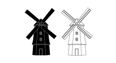 Fototapeta premium Windmill silhouette and line drawing on a white background