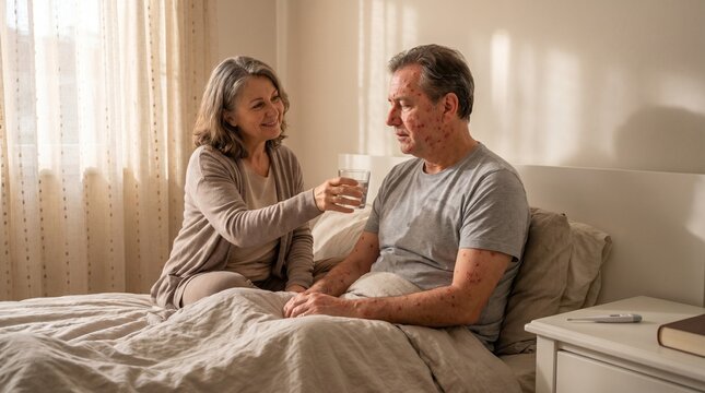 middle aged father with chickenpox rash being cared for by spouse, Chickenpox adult family care, Middle aged man rash, Home recovery support, Compassionate spouse help, Healthcare 