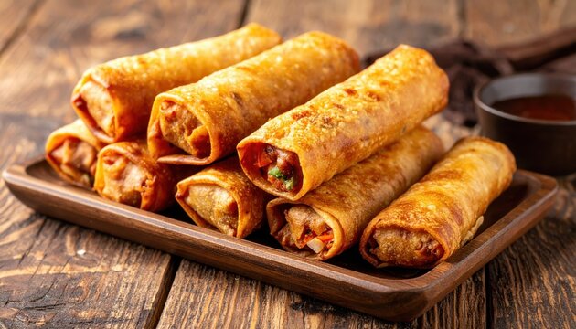 Golden crispy fried spring rolls piled on a rustic wooden tray with a side of dipping sauce, showcasing a delicious appetizer perfect for sharing.