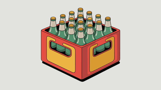A red plastic crate filled with a full grid of twelve glass beer bottles with yellow metal caps stands on a neutral gray surface in a clear studio light.