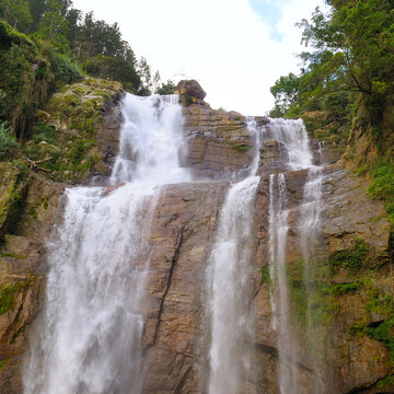 Scenic View of Ramboda Falls Surrounded by Tropical Greenery