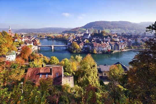 View of Laufenburg in autumn, view of the old town and the Rhine River, country border between Switzerland and Germany, Canton of Aargau, Federal State of Baden-W&uuml;rttemberg