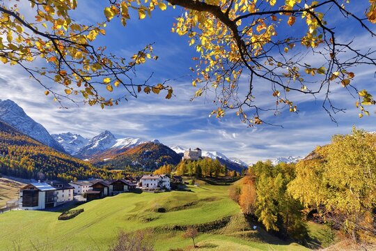 Village view of Tarasp with castle in autumn, Scuol, Canton Graub&uuml;nden, Switzerland