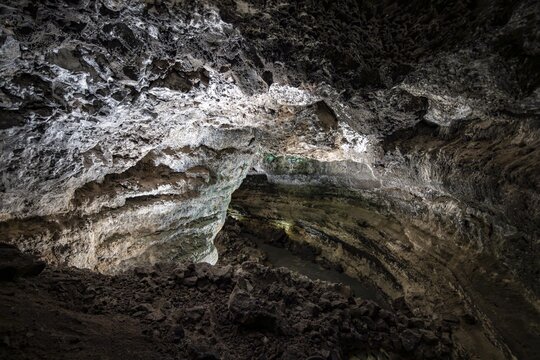 Underground cave formed by lava flow, illuminated lava cave, Cueva de los Verdes, Lanzarote, Canary Islands, Spain